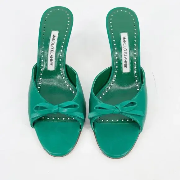 Manolo Blahnik Green Leather Pertinanu Bow Detail Kitten Heel Mules IT 37 - Picture 5 of 10